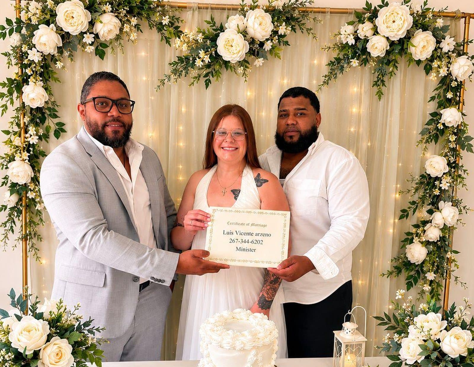 Pareja con su certificado de matrimonio y el ministro